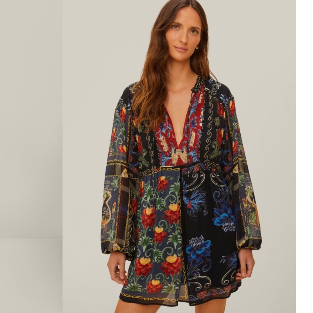 NWT FARM RIO Black Mixed Arabesque Scarves Long Sleeve Mini Dress